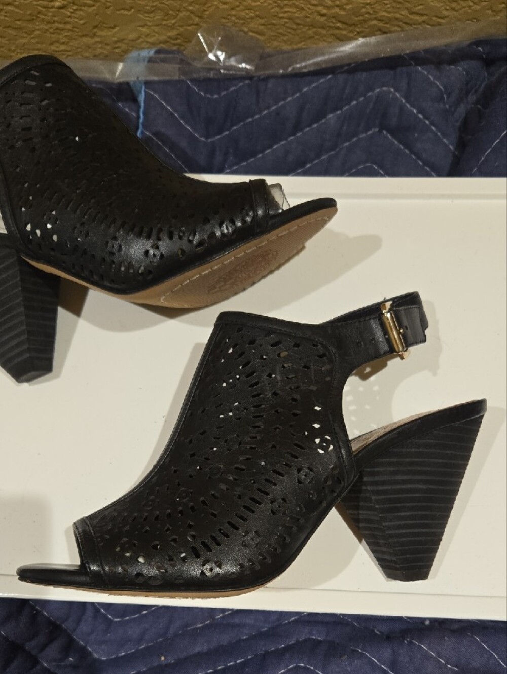 Vince Camuto Black Perforated Peep-Toe Slingback Heels with Gold Buckle, Leather